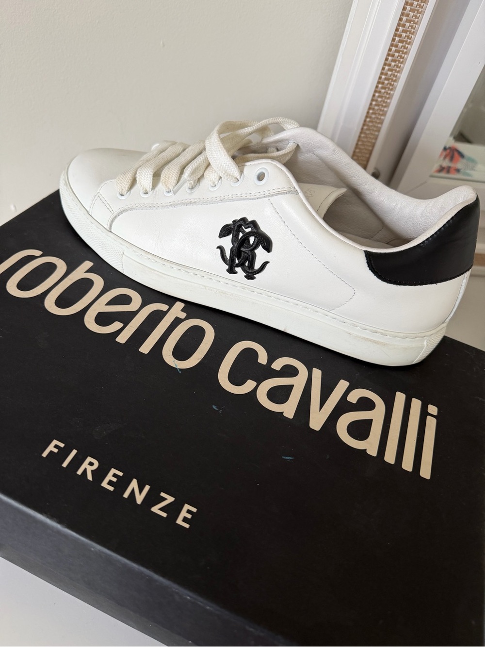 & Other Stories White Leather Sneakers with Black Heel Accent